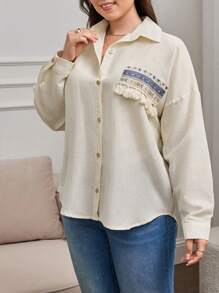 RueChic Plus Women's Blouse With Tassels And Tribe Print - White - View 3