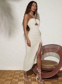 SHEIN VCAY 度假側開叉女裝連身裙 - 米色 - 查看 1