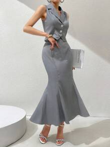 Modelyn 女士V領無袖鈕扣上衣和修身及膝裙套裝 - 灰色 - 查看 4
