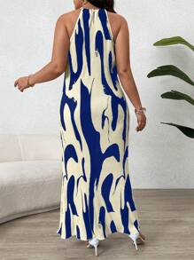 SHEIN Clasi Plus Size Sleeveless Allover Print Dress With Back Buttons, Casual And Vacation Style Maxi Women Outfit - Royal Blue - View 3