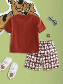 SCOOBY-DOO X SHEIN Young Boy Casual Cartoon Printed Brown Short Sleeve T-Shirt And Plaid Shorts, Summer - Brown - View 2