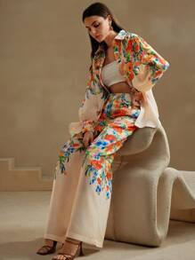 Anewsta Bộ áo sơ mi và quần nữ in hoa kỳ nghỉ lãng mạn - Hồng - Xem 1