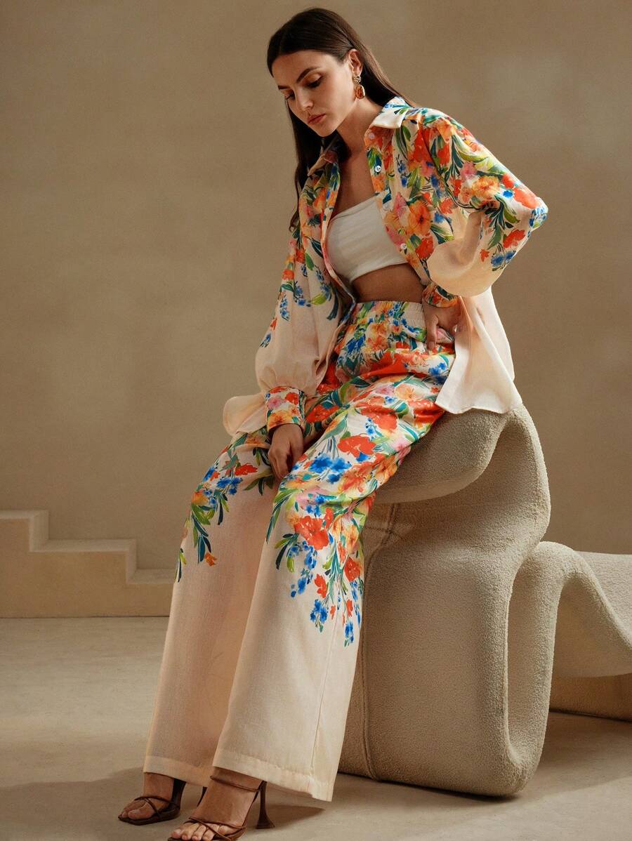 Anewsta Bộ áo sơ mi và quần nữ in hoa kỳ nghỉ lãng mạn - Hồng - Xem 1