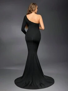 Cheriluna Maternity Maternity Sheer Mesh Contrast Train Photoshoot Dress With Long Sleeve - Black - View 2