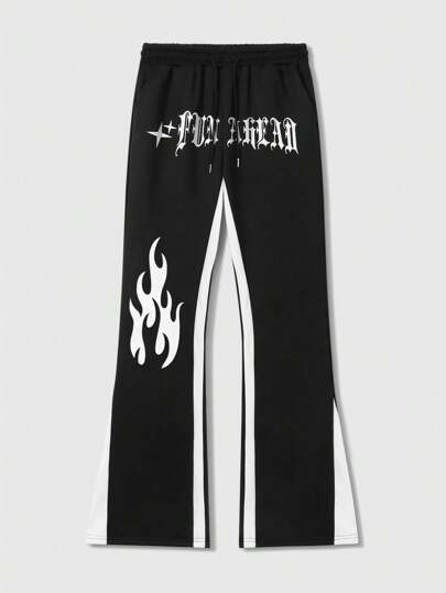 Street Life Pantalones deportivos acampanados con estampado de letras contrastante para hombres, escuela