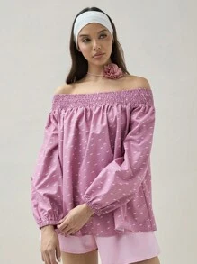 COSMINA Top de hombros descubiertos con manga de lámpara y estampado completo casual para mujer en primavera/verano - Multicolor - Ver 6