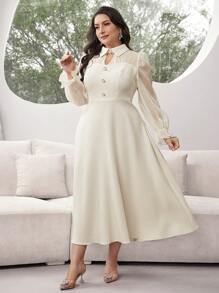 Modelyn Đầm tay phồng màu trơn cỡ lớn thanh lịch, Xuân/Hè - Màu be - Xem 7