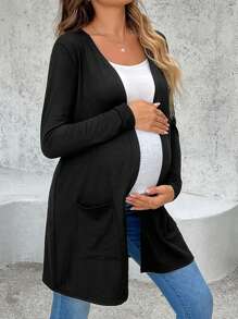 SHEIN 孕妇纯色长袖口袋开衫，孕妇简单休闲日常穿着 - 黑色 - 查看 1