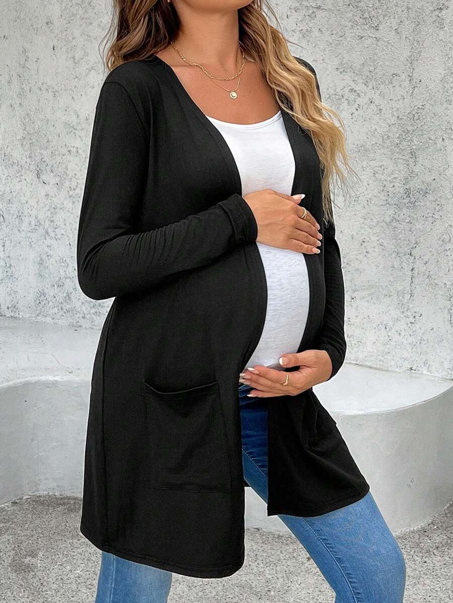 SHEIN 孕妇纯色长袖口袋开衫，孕妇简单休闲日常穿着 - 黑色 - 查看 1