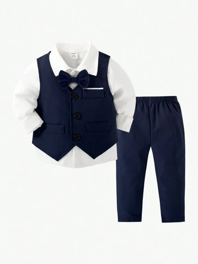 2 Pieces Gentleman Outfit, Includes Solid Vest And Pants, Fashionable For Birthday Party, Banquet, Performance, Wedding, Baby's First Mother's Day Outfit, Family Matching Outfits