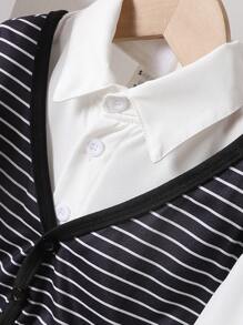 1 pieza Camisa a rayas estilo preppy 2 en 1 para niños, primavera y otoño - Blanco y Negro - Ver 7