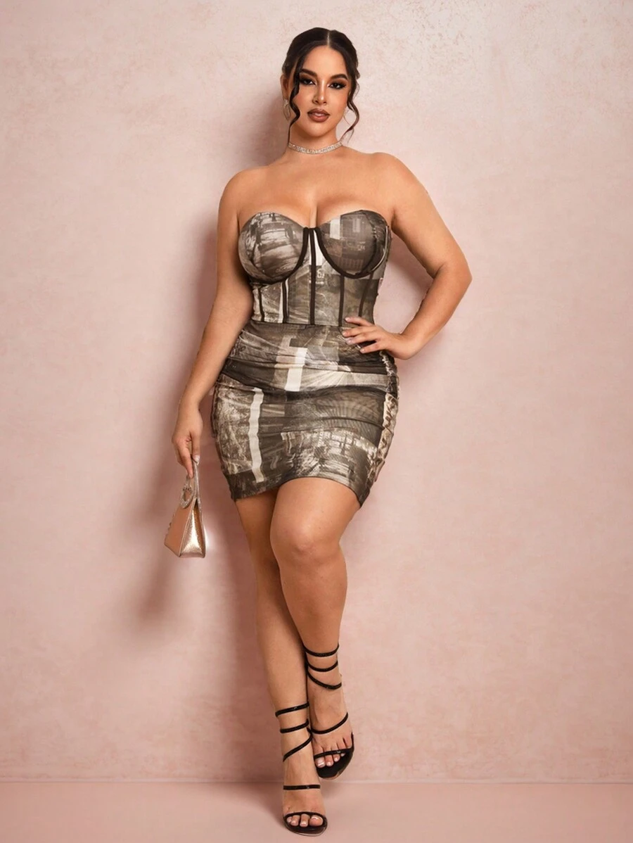 SHEIN BAE Plus Size Color-Block Street View Printed Mesh Corset Top And Ruched Street View Printed Mesh Spring Daily Outfits Skirt