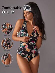 VARSITIE 運動款夏季衝浪基本印花連身衣，加胸罩杯 - 黑色 - 查看 4