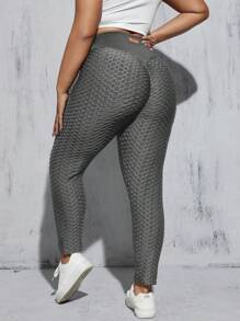 SHEIN Essnce Plus Size Women's High-Waist -Lifting Textured Fabric Leggings,Plain Grey,Sommar,Casual,Gym Sports Pants,Curvy Summer Bottoms,Black Outfits - Grey - View 4