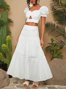 Travachic Conjunto de vacaciones con blusa de cuello cuadrado de encaje bordado y falda midi con dobladillo de parches, ropa blanca para mujer