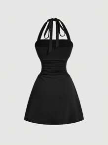 SHEIN MOD Plus Size Grey V-Neck Pleated Waist A-Line Mini Dress,Graduation Dress,Birthday Dresses For Women