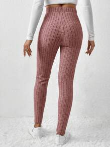 SHEIN Frenchy Casual Plain Ribbed Knit Leggings Winter Thanks Giving Pink