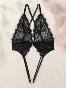 SHEIN Plus Size Lace Crotchless Bodysuit Lingerie - Black - View 2