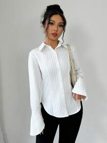 Rafferiza 性感白色條紋襯衫女裝，秋季時尚甜美顯瘦襯衫，配有波浪襯衫袖