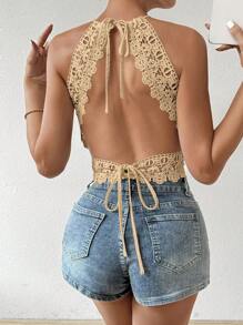 Firerie Top veraniego sin espalda con panel de encaje guipur y halter para mujer - Caqui - Ver 5