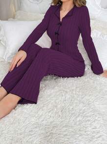 Conjunto de pijama casual de mujer con decoración de moño, ropa de otoño e invierno cómoda y elegante - Morado - Ver 5