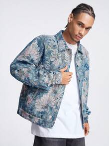 Manfinity RebelGame Men's Woven Color-Block Jacquard Loose Long Sleeve Floral Art Shirt Jacket & Outerwear, For Friends, For Fall Winter