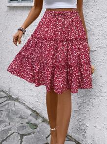 SHEIN LUNE Women's Fresh Ditsy Floral Ruffle Hem Skirt (Random Print) For New Year Clothes