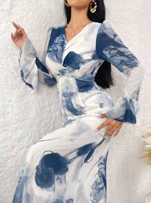 Modelyn Women's Random Printed V-Neck Simple Daily Long Sleeve Dress Maxi Women Outfit Long Evening Dresses - Multicolor - View 4