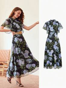 MOTF PREMIUM FLORAL PRINT FRILL MOCK NECK FLUTTER SLEEVE DRESS - Multicolor - View 2