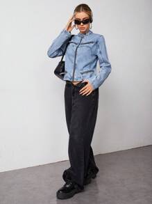 SHEIN EZwear 女士拉链洗水牛仔夹克 - 藍色 - 查看 5
