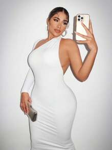 SHEIN SXY Đầm Bodycon một vai dành cho nữ thanh lịch với đường viền bất đối xứng và hở lưng dành cho các bữa tiệc - trắng - Xem 2