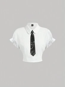 SHEIN MOD Camisa blanca elegante para mujer con puños con volantes, uniforme escolar, estilo de dinero antiguo, camisa de trabajo, camisa de cumpleaños - Blanco - Ver 1