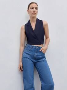 SHEIN BIZwear 女式純色無袖衫，搭配西裝領，夏季款 - 藏蓝色 - 查看 3