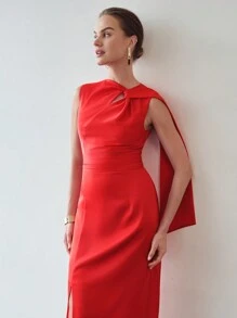 MOTF PREMIUM FITTED WAIST SPLIT SIDE DRESS - Red - View 6
