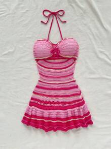 Soleia 多色条纹镂空毛衣修身浪漫休闲度假A字裙连衣裙沙滩装