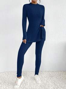 SHEIN Frenchy 女款純色簡約日常長袖上衣和長褲二件套 - 藍色 - 查看 6