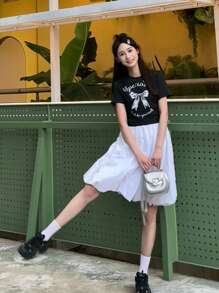 SHEIN 2 Stücke Set aus engem kurzen T-Shirt und Bud Rock für Teenager Mädchen, Schleifenmuster, Sommer