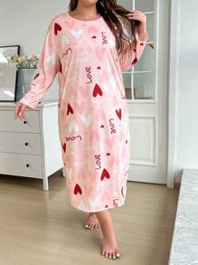 Plus Heart Print Round Neck Long Sleeve Sleep Dress, Moo Moo, Fall - Pink - View 3