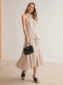 MOTF PREMIUM SOLID PEPLUM WAIST FOLD PLEATED HEM 2 IN 1 CRISSCROSS HALTER DRESS