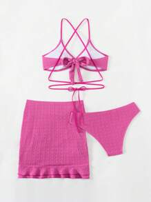 SHEIN Swim 女士纯色圆形链接性感比基尼套装，适合夏季海滩，带罩裙 - 玫紅色 - 查看 2
