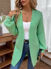 SHEIN LUNE Women's Spring & Autumn Casual Solid Color Lantern Sleeve Cardigan - Green - View 5