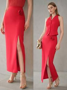 MOTF PREMIUM SOLID STEREO FLOWER DETAIL SPLIT THIGH SKIRT - Red - View 2