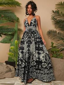 Travachic 假日編織印花V領帝國腰裙裝 - 黑與白 - 查看 5