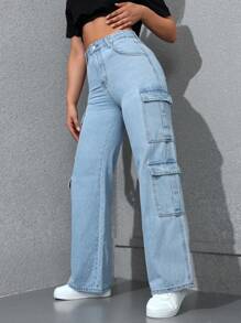 SHEIN EZwear Quần jean nữ có dây kéo mùa hè có nắp túi - Rửa nhẹ - Xem 4