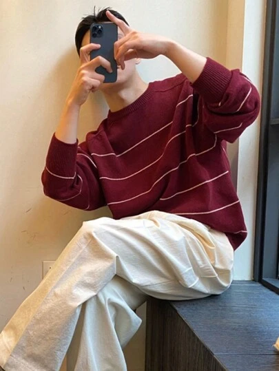 DAZY 秋季男士休闲红色拼色条纹毛衣