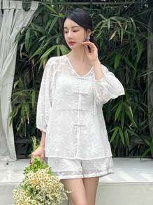 EastFlair 風提花扣釦休閒上衣和短褲套裝