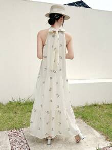 EastFlair Floral Printed Halter Neckline Dress With Ruffled Hem, Summer Style - Apricot - View 2