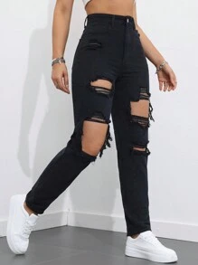 SHEIN EZwear Women's Fashionable Ripped Jeans For Daily Wear - Black - View 3