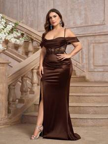 SHEIN Belle Plus Size Coffee Color Lace See-Through Waist Cinched High Slit Cold Shoulder Elegant Sexy Formal Evening Party Dress Prom Wedding Guest Gown, For Graduation, Dinner