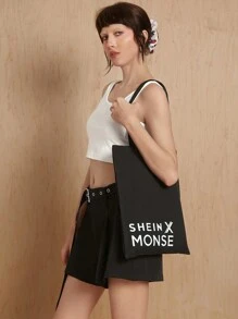 MONSE Designer schwarze tragbare Segeltuch Tasche mit Englisch Worten Muster für Frauen, Schultertasche - Verschiedenfarbig - Übersicht 4